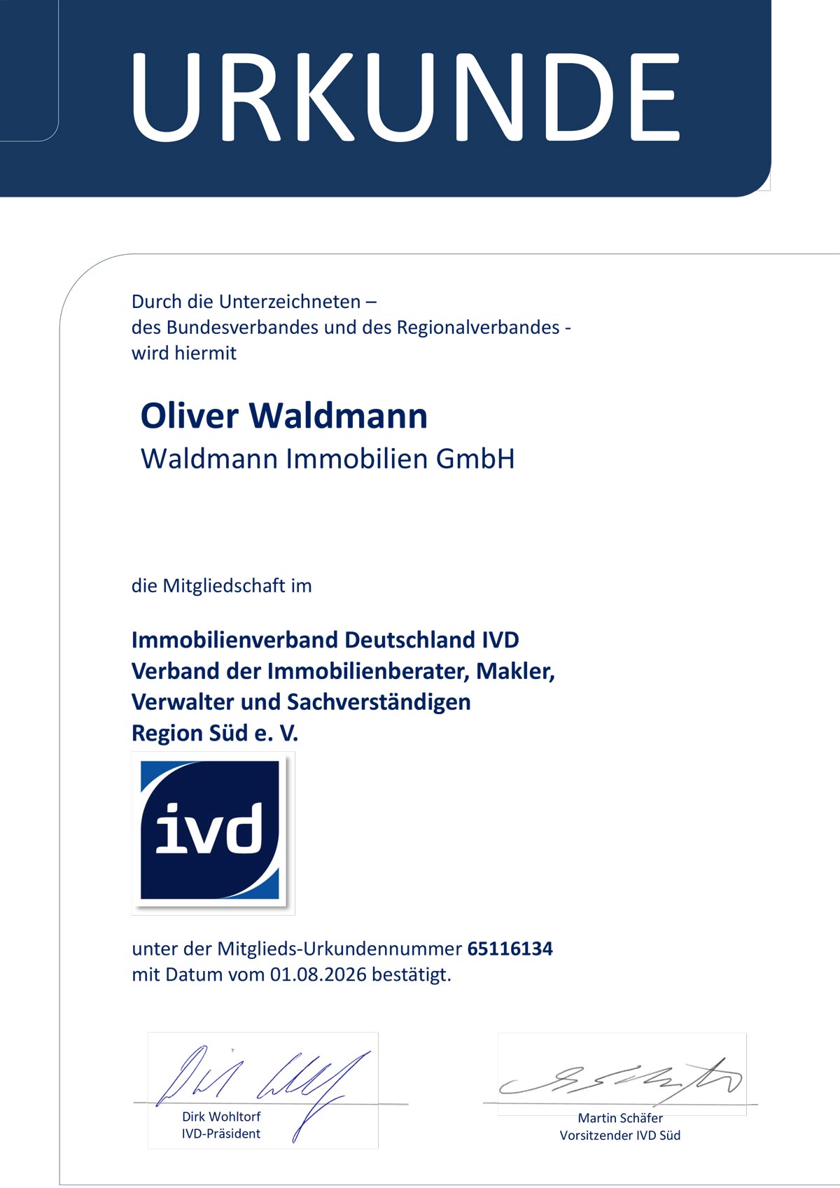 Mitgliedschaftsurkunde-Süd – Waldmann - Immobilien GmbH Mitgliedschaftsurkunde-Süd – Waldmann - Immobilien GmbH