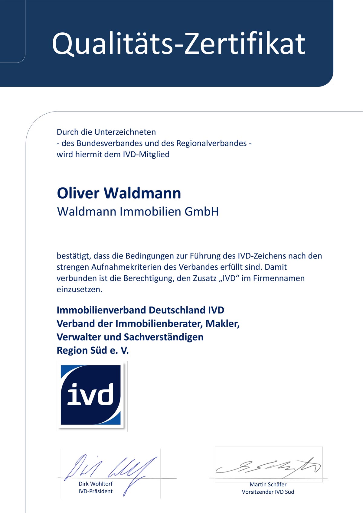 Qualitäts-Zertifikat-Süd – Waldmann - Immobilien GmbH Qualitäts-Zertifikat-Süd – Waldmann - Immobilien GmbH